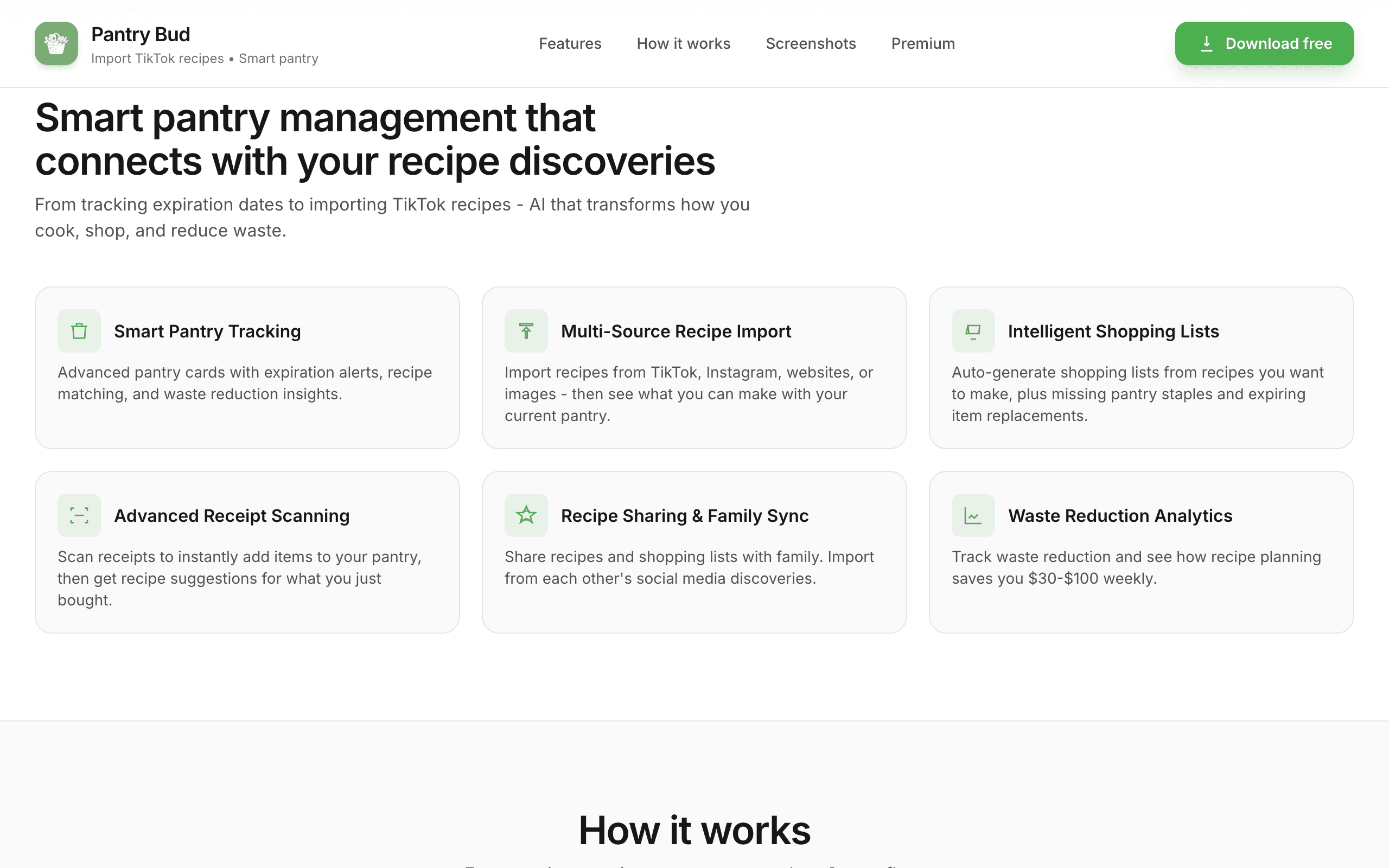 Marketing page feature grid: Smart Pantry Tracking with expiration alerts; Multi-Source Recipe Import from TikTok, Instagram, websites; Intelligent Shopping Lists; Advanced Receipt Scanning; Recipe Sharing and Family Sync; Waste Reduction Analytics.