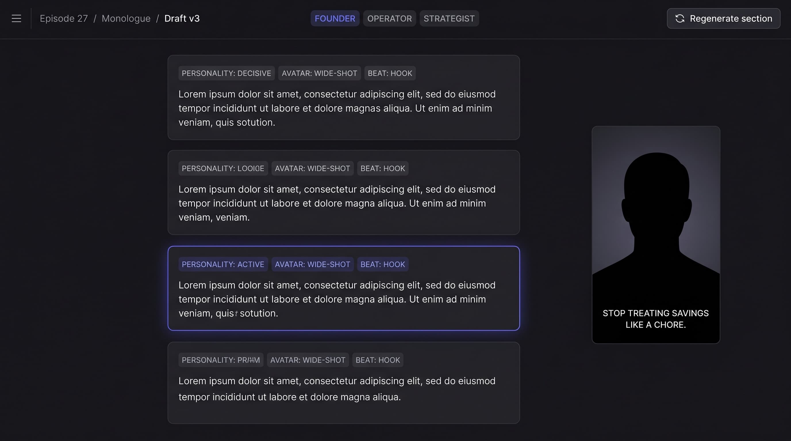 Script editor showing four stacked script blocks for an episode, each tagged with personality, avatar shot type, and beat. The third block is active with an indigo glow border. A preview frame on the right shows burned-in caption text reading 'STOP TREATING SAVINGS LIKE A CHORE.'